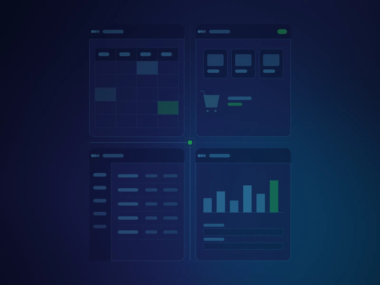 Four system panels — a spreadsheet, a storefront, an admin tool and a customer portal — threaded together
